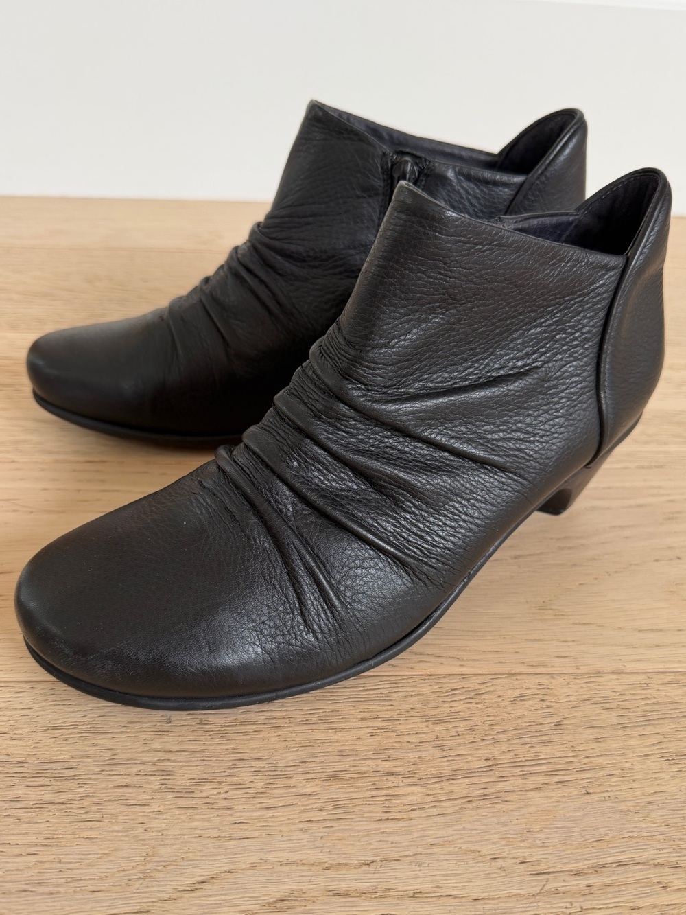 NAOT Advance Leather Bootie Block Heel Ruching Side Zipper Cork Footbed Casual